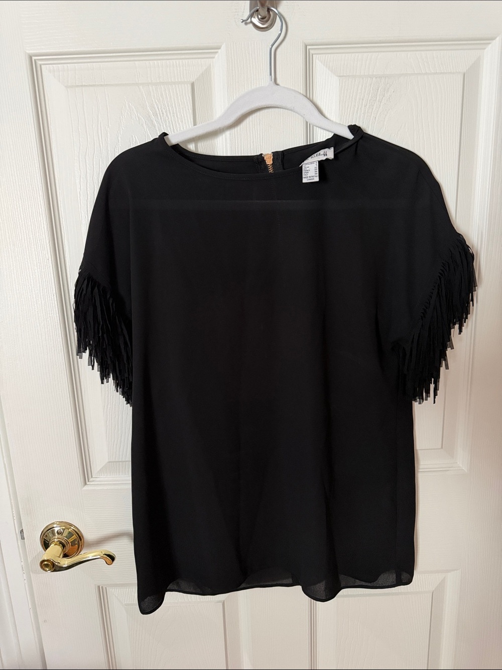 Joseph Ribkoff 183294 Black Fringe Sleeve Top Blouse Size 4